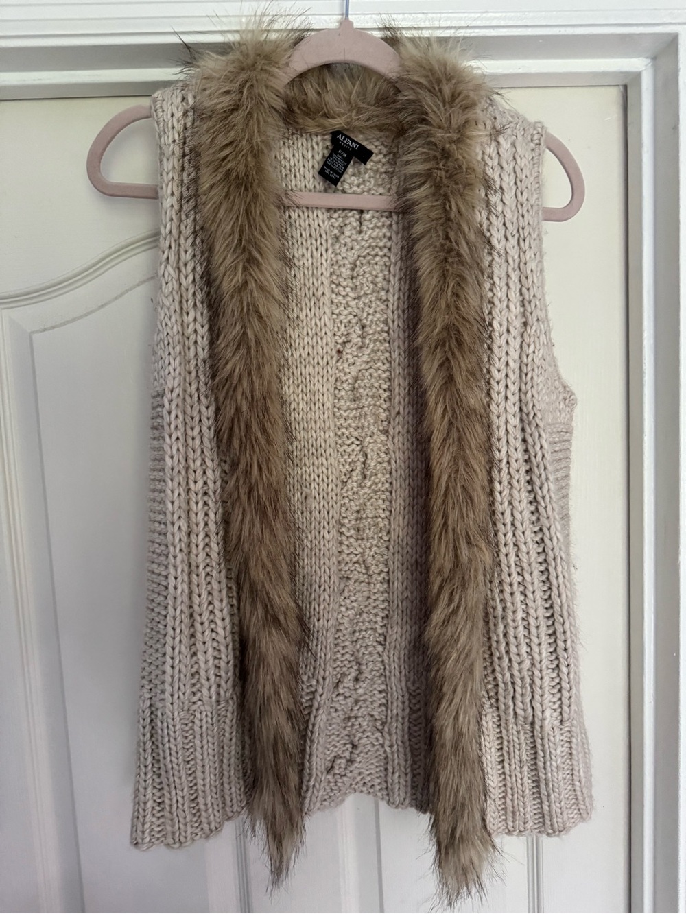 Alfani Cream Cable Knit Vest with Brown Faux Fur Trim